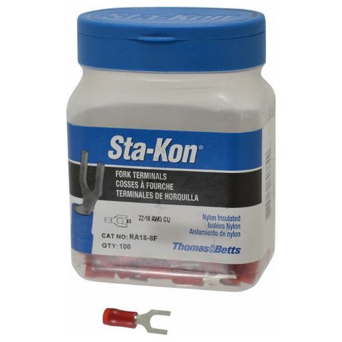 Main product image of Fork Terminal Red, Nylon, Partially Insulated, #8 Stud, Crimp 600V (Pack of 100), RA18-8F