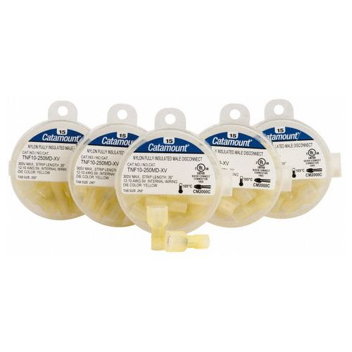 Main product image of Male Wire Disconnect, Yellow, Nylon, 12-10 AWG, 1/4" Tab (Pack of 75), TNF10-250MD-XV