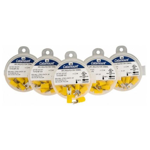 Main product image of Fork Terminal Yellow, Vinyl, Partially Insulated, #6 Stud, Crimp 600V (Pack of 75), TV10-6F-XV