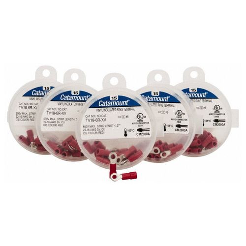 Main product image of Round Ring Terminal, Vinyl, 22 to 16 AWG, Crimp 0.803" Long, 0.26" Wide, Red (Pack of 75), TV18-6R-XV