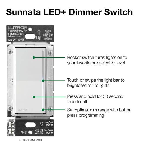 Main product image of Sunnata LED+ Dimmer Switch, 150W LED, Single Pole/Multi-Location, No Neutral Required,120V,STCL-153M-WH, (W)