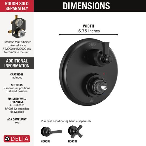 Main product image of Dorval Traditional 2-handle Monitor 14 Series Valve Trim w/ 3 Setting Diverter (Matte Black), T24856-BLLHP