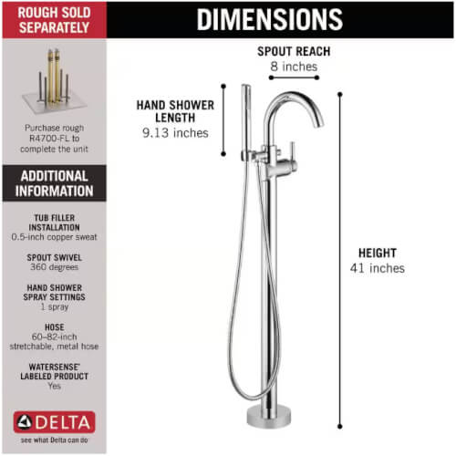 Main product image of Trinsic Single Handle Floor Mount Tub Filler Trim w/ Hand Shower (Chrome), T4759-FL