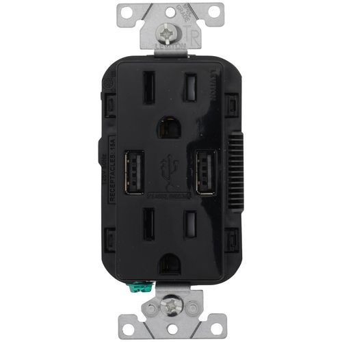 Main product image of Decora Tamper-Resistant Combination Duplex Receptacle w/ USB Chargers, 15A, NEMA 5-15R - Black (125V)
