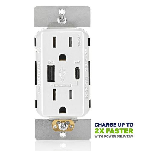 Main product image of 15A Decora Tamper-Resistant Duplex Receptacle w/ 60W USB Dual Type A/C Power Delivery Wall Outlet Charger - White