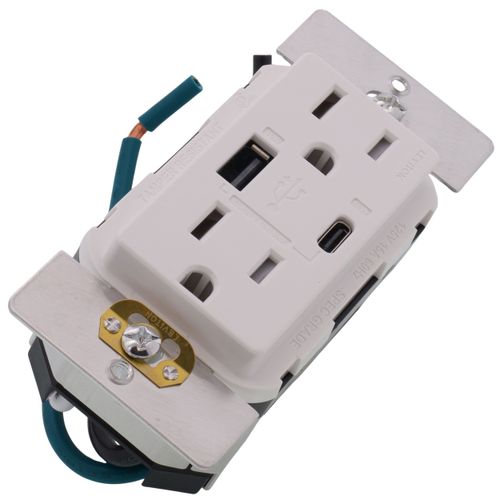 Main product image of 15A Decora Tamper-Resistant Duplex Receptacle w/ 60W USB Dual Type A/C Power Delivery Wall Outlet Charger - White
