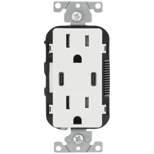 Main product image of 15A Decora Tamper-Resistant Duplex Receptacle w/ 30W USB Dual Type C/C Power Delivery Wall Outlet Charger - White
