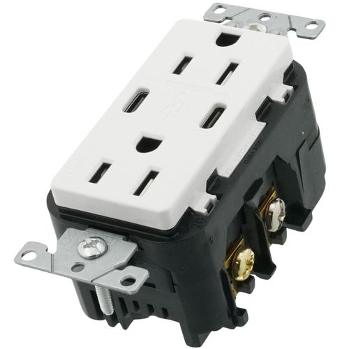 Main product image of 15A Decora Tamper-Resistant Duplex Receptacle w/ 30W USB Dual Type C/C Power Delivery Wall Outlet Charger - White