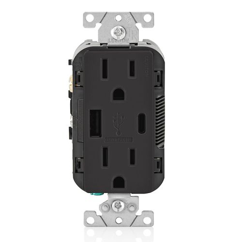 Main product image of Decora Tamper-Resistant Combination Duplex Receptacle w/ 18W (3.6A) Type A/C USB Charger, NEMA 5-15R - Black (15A, 125V)