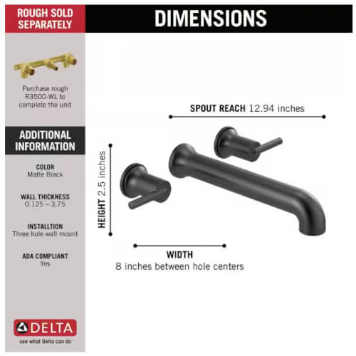 Main product image of Trinsic 2-Handle Wall Mounted Tub Filler (Matte Black), T5759-BLWL