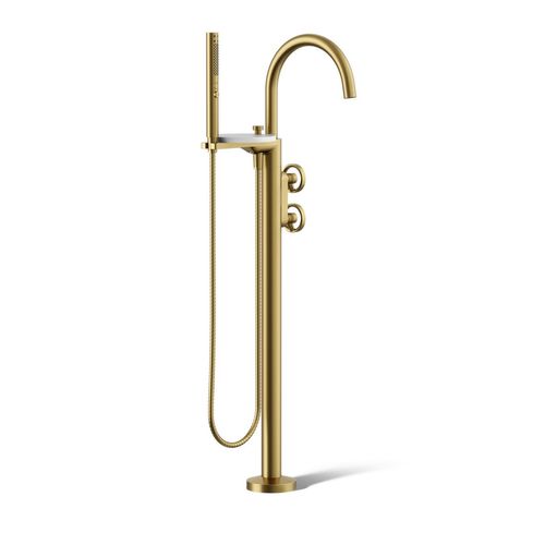 Main product image of Components Floor Mount Bath Filler Trim w/ Industrial Handles And Handshower (Vibrant Brushed Moderne Brass)