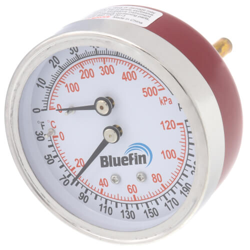 Main product image of 2.5" Tridicator, 1-9/16" Well, Back Mount Temperature & Pressure Gauge (0-75 PSI, 30-Degree to 250-Degree (F))