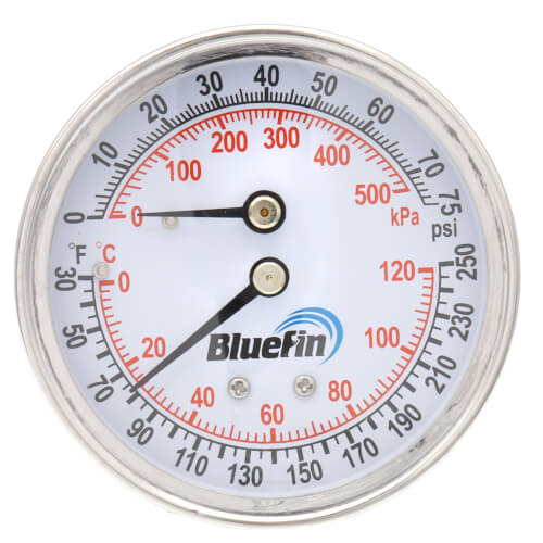 Main product image of 2.5" Tridicator, 1-9/16" Well, Back Mount Temperature & Pressure Gauge (0-75 PSI, 30-Degree to 250-Degree (F))