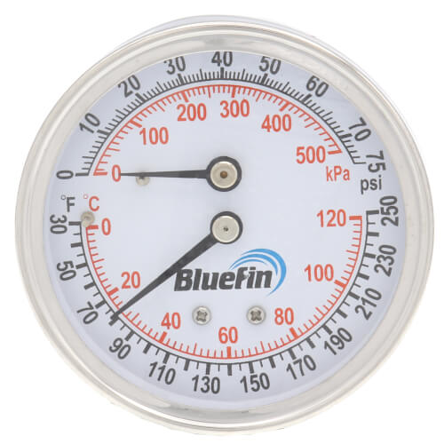 Main product image of 2.5" Tridicator, 3-3/8" Well, Back Mount Temperature & Pressure Gauge (0-75 PSI, 30 to 250-Degree (F))