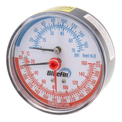 Main product image of 3-1/8" Tridicator, 1-21/32" Well, Back Mount Temperature & Pressure Gauge (0-75 PSI, 60-Degree (F) to 320-Degree (F))