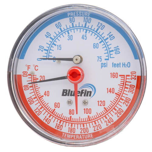 Main product image of 3-1/8" Tridicator, 1-21/32" Well, Back Mount Temperature & Pressure Gauge (0-75 PSI, 60-Degree (F) to 320-Degree (F))
