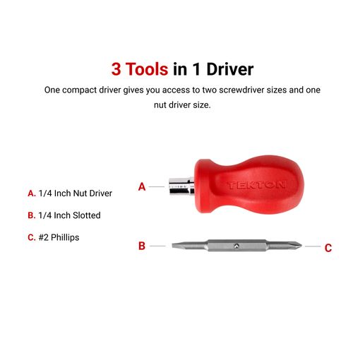 Main product image of 3-in-1 Stubby Phillips/Slotted Driver (#2 x 1/4", Red)