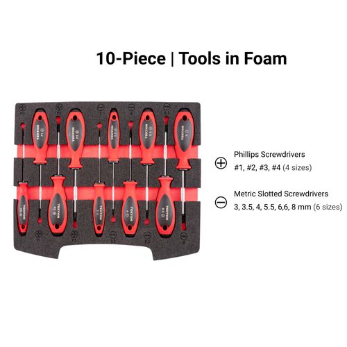 Main product image of Phillips and Slotted Screwdriver Set w/ Open Top Drawer and Rack - 4" Shanks, 10-Piece (#0 - #3, 3 - 8mm)