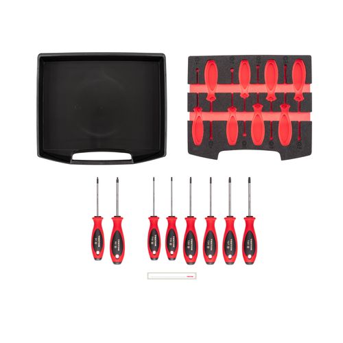 Main product image of Square and Torx Screwdriver Set w/ Open Top Drawer and Rack - 4" Shanks, 8-Piece (T10 - T30, #1 - #2)