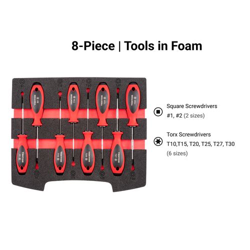 Main product image of Square and Torx Screwdriver Set w/ Open Top Drawer and Rack - 4" Shanks, 8-Piece (T10 - T30, #1 - #2)