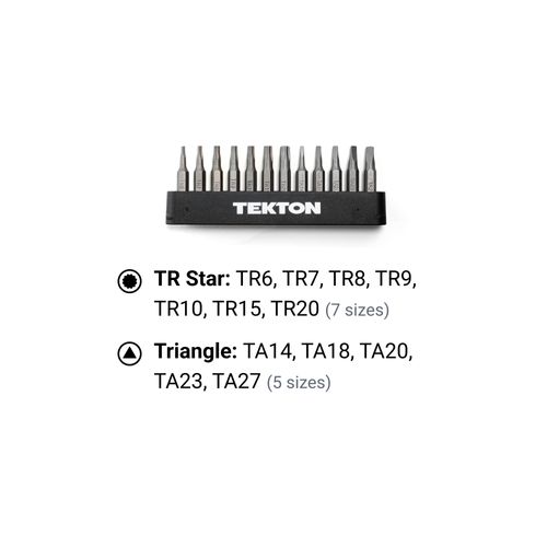 Main product image of 4mm Tamper Star and Triangle Bit Set w/ Rail, 12-Piece (TR6 - TR20, TA14 - TA27)