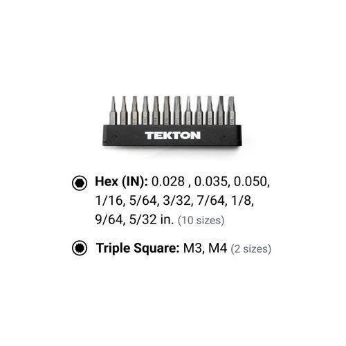 Main product image of 4mm Hex and Triple Square Bit Set w/ Rail, 12-Piece (0.028 - 5 and 32", M3 - M4)
