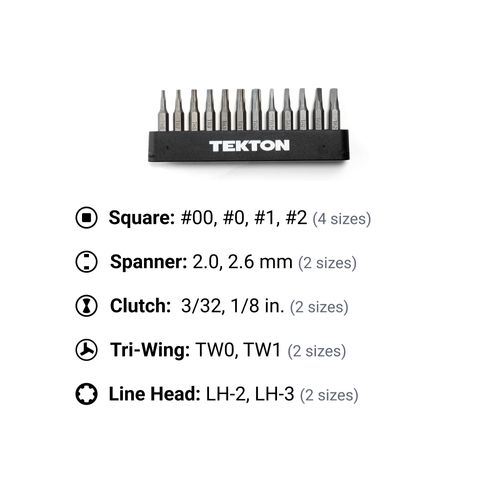 Main product image of 4mm Security Bit Set w/ Rail, 12-Piece (Square #00 - #2, Spanner 2.0 - 2.6mm, Clutch 3/32"- 1/8", Tri-Wing TW0 - TW1, Line Head LH-2 - LH-3)