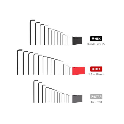 Main product image of Ball End Hex and Star L-Key Set with Holder, 41-Piece (0.050-3/8", 1.3-10mm, T6-T50)