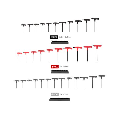 Main product image of Flat End Hex and Star T-Handle Key Set with Stands, 34-Piece (5/64-3/8", 2-10 mm, T6-T50)