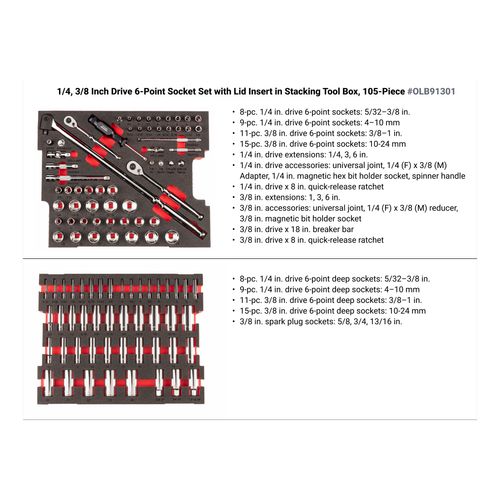 Main product image of 1/4, 3/8" Drive 6-Point Socket Set with Lid Insert in Stacking Tool Box, 105-Piece (5/32 - 1", 4 - 24mm)