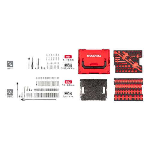 Main product image of 1/4, 3/8" Drive 6-Point Socket Set with Lid Insert in Stacking Tool Box, 105-Piece (5/32 - 1", 4 - 24mm)
