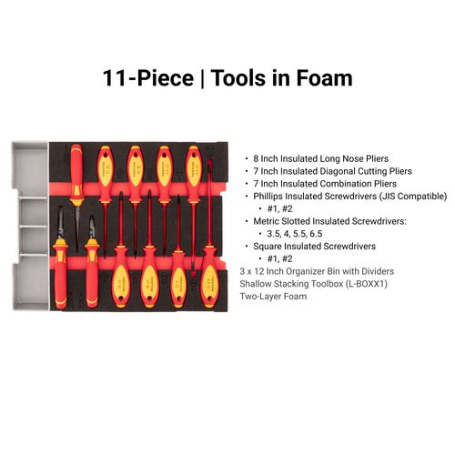 Main product image of Insulated Drivers and Pliers Set w/ Stacking Tool Box and Organizer Bin, 11-Piece (Combination, Long Nose, Diagonal Cutting)