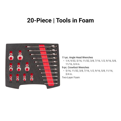 Main product image of Angle Head and Crowfoot Wrench Set with Open Top Drawer and Rack, 20-Piece (1/4-3/4")