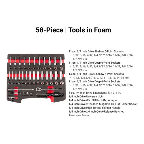 Main product image of 1/4" Drive 6-Point Socket and Ratchet Set with Open Top Drawer and Rack, 58-Piece (5/32-9/16", 4-15mm)
