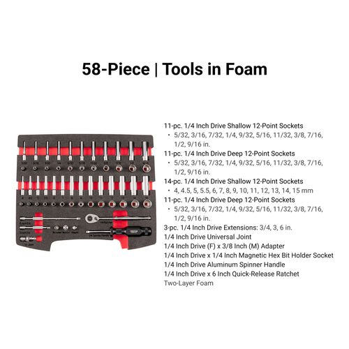 Main product image of 1/4" Drive 12-Point Socket and Ratchet Set with Open Top Drawer and Rack, 58-Piece (5/32-9/16", 4-15mm)