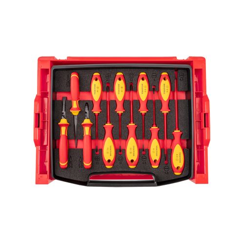 Main product image of Insulated Phillips, Slotted, Square Drivers and Pliers Set w/ Open Top Drawer and Rack, 11-Piece (Combination, Long Nose, Diagonal Cutting)