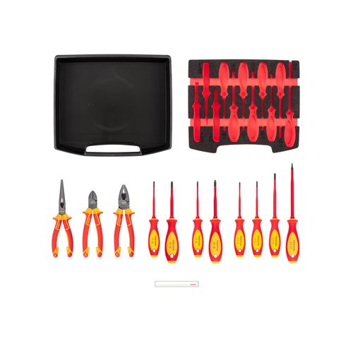 Main product image of Insulated Phillips, Slotted, Square Drivers and Pliers Set w/ Open Top Drawer and Rack, 11-Piece (Combination, Long Nose, Diagonal Cutting)