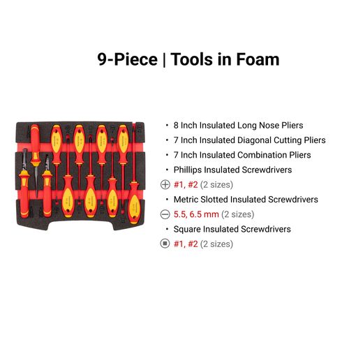 Main product image of Insulated Phillips, Slotted, Square Drivers and Pliers Set w/ Open Top Drawer and Rack, 11-Piece (Combination, Long Nose, Diagonal Cutting)