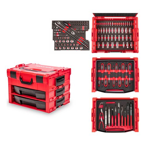 Main product image of 1/4", 3/8" Drive 6-Point Socket and Ratchet, Screwdriver, and Pliers Set in Modular Stacking Tool Box, 2-Drawer (127-Piece)