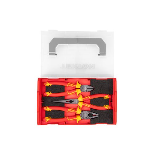 Main product image of Insulated Pliers Set w/ Mini Stacking Tool Box, 3-Piece (Combination, Long Nose, Diagonal Cutting)