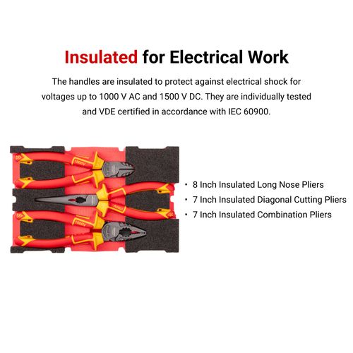 Main product image of Insulated Pliers Set w/ Mini Stacking Tool Box, 3-Piece (Combination, Long Nose, Diagonal Cutting)