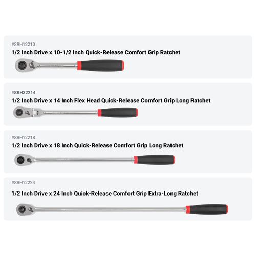 Main product image of 1/4, 3/8, 1/2" Drive Quick-Release Comfort Grip Ratchet and Breaker Bar Set (15-Piece)