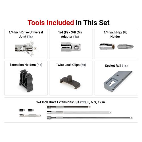Main product image of 1/4" Drive Extension and Accessory Set with Rail (9 Pieces)
