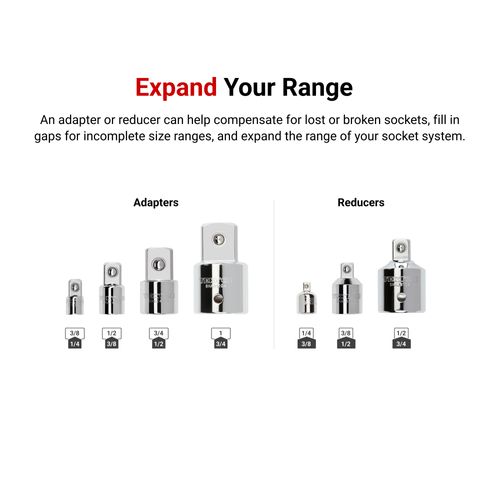 Main product image of 1/4", 3/8", 1/2", & 3/4" Drive Adapter/Reducer Set with Rail (7 Pieces)