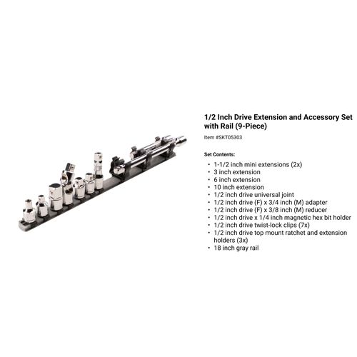 Main product image of 1/4", 3/8", & 1/2" Drive Extension and Accessory Set with Rails and Tray (27 Pieces)