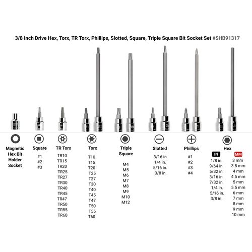 Main product image of 3/8" Drive Hex, Torx, TR Torx, Phillips, Slotted, Square, Triple Square Bit Socket Set (110-Piece)