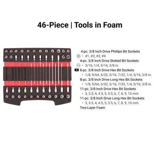 Main product image of 3/8" Drive Standard and Long Bit Socket Set w/ Open Top Drawer and Rack (46-Piece)