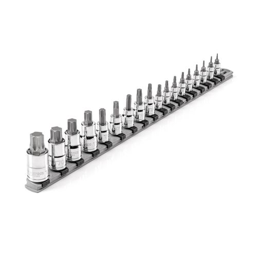 Main product image of 1/4", 3/8", 1/2" Drive Torx Bit Socket Set w/ Rail, 18-Piece (T6 - T80)