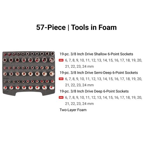 Main product image of 3/8" Drive Shallow, Semi-Deep, and Deep 6-Point Socket Set w/ Open Top Drawer and Rack, 57-Piece (6 - 24mm)