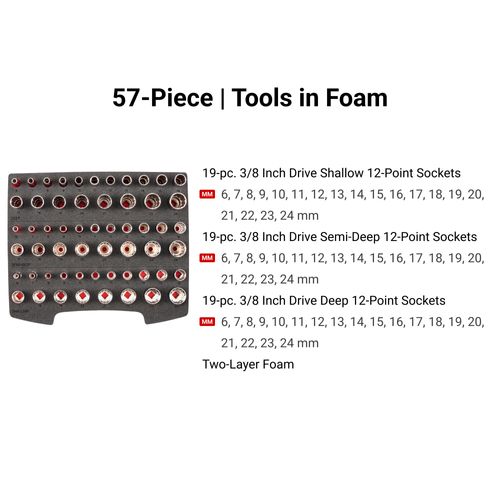 Main product image of 3/8" Drive Shallow, Semi-Deep, and Deep 12-Point Socket Set w/ Open Top Drawer and Rack, 57-Piece (6 - 24mm)